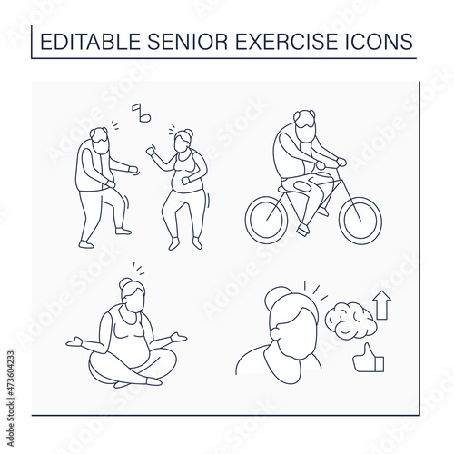 Senior exercise line icons set. Physical activity. Cycling, dancing, stress reliever, healthy lifestyle. Training concept. Isolated vector illustration. Editable stroke
