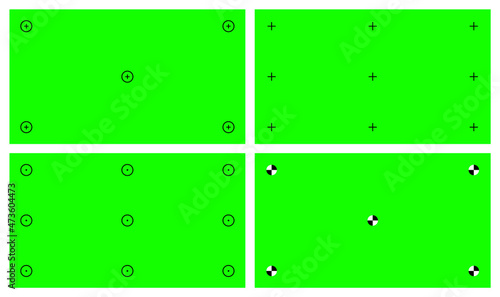 Chroma key, blank green background with motion tracking points. Visual effects compositing. Screen backdrop template. Vector illustration.