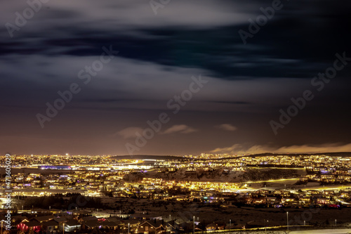 Winter night panorama of Hafnarfjordur city, Iceland. 