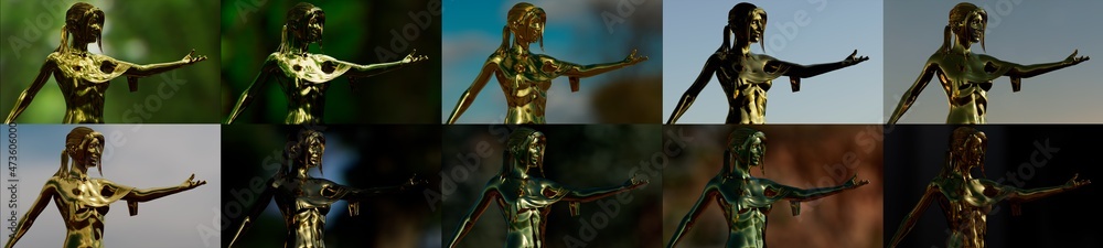 golden statue in 10 different light set examples for artists - object 3D rendering golden statue in 10 different light set examples for artists - object 3D rendering