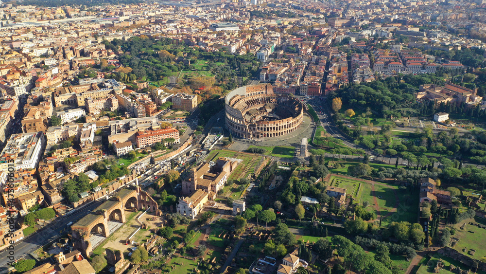 Aerial drone photo of iconic park of Colosseum, a vast archaeological zone encompassing ancient sites like the Colosseum, Circus Maximus and Ancient Forum, Rome historic centre, Italy