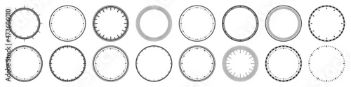 Mechanical clock faces, bezel. Watch dial with minute and hour marks. Timer or stopwatch element. Blank measuring circle scale with divisions. Vector illustration.