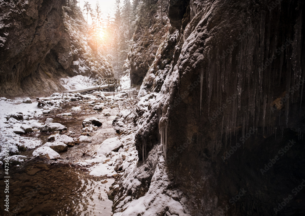 Flowing small creek running out icicle cave and washing big boulders. First sun rays lite young snow islands. Cold early winter mountain forest landscape in Slovakia Tatry mountain. Flowing small creek running out icicle cave and washing big boulders. First sun rays lite young snow islands. Cold early winter mountain forest landscape in Slovakia Tatry mountain.