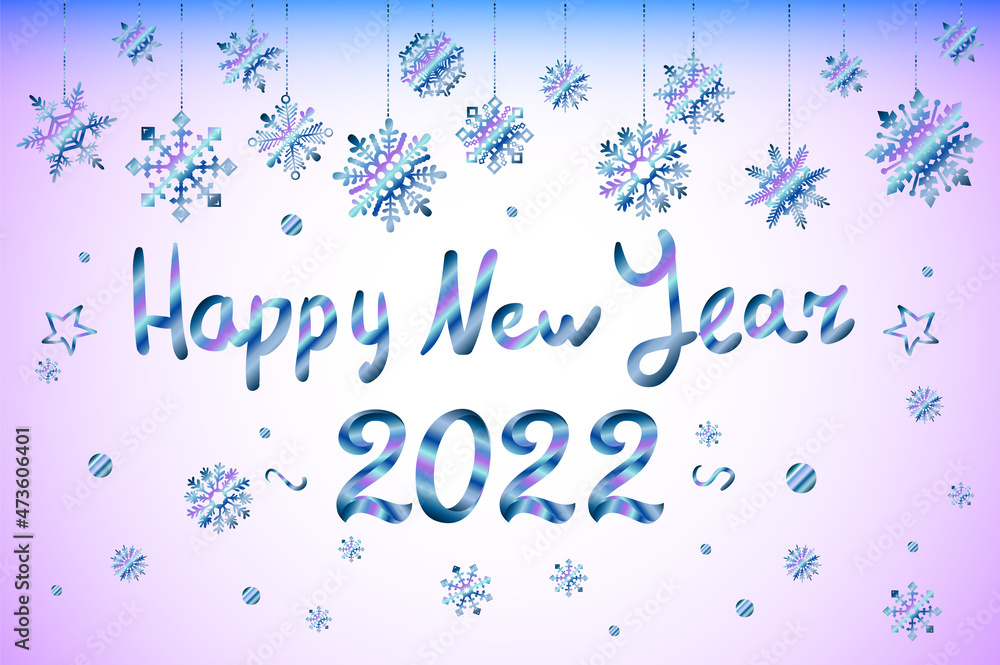 typography metallic, handwriting Happy New Year 2022. snow Background. Decorative design elements. Celebrate party Poster, banner, greeting card. Snowflake Vector illustration.