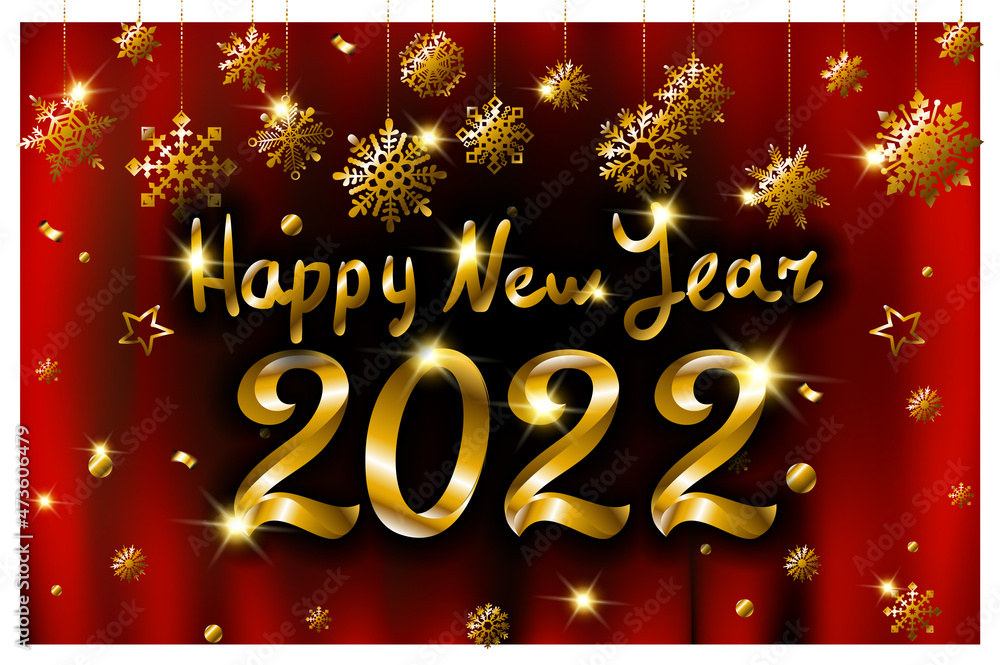 2022 A Happy New Year sign, congrats concept. Beautiful snowy backdrop. fly gold ribbons with confetti. Golden digits Creative Christmas decoration. Snowflake Vector illustration.