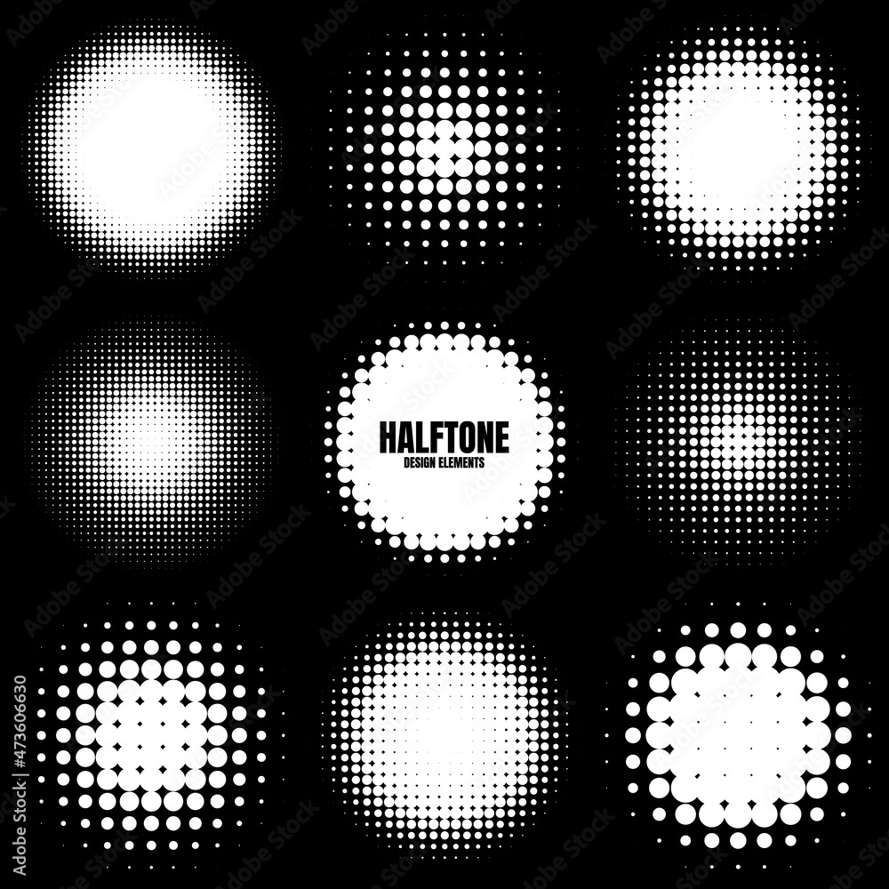 Circle halftone design elements with white dots. Comic dotted pattern.Vector illustration.