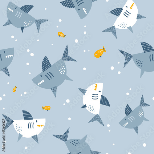 Blue Yellow Papercut Shark and Fish Water bubbles vector seamless pattern. Under the sea life background. Scandinavian decorative childish surface design for nautical nursery and navy kids fabric.