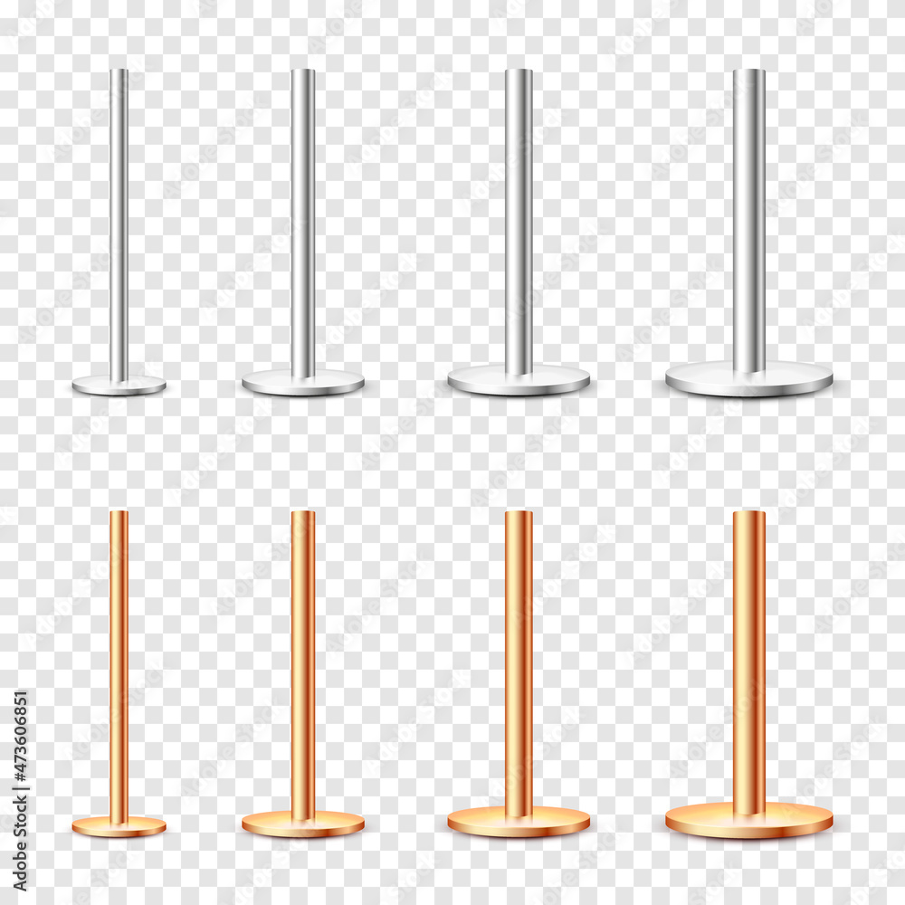 Realistic metal poles collection isolated on transparent background. Glossy bronze and steel pipes of various diameters. Billboard or advertising banner mount, holder. Vector illustration.