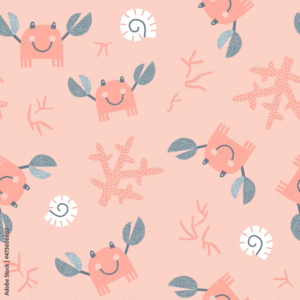 Cute happy Crab with Sea Shells and Coral vector seamless pattern. Pastel colours sea creatures background. Scandinavian decorative childish surface design for nautical nursery and navy kids fabric. Cute happy Crab with Sea Shells and Coral vector seamless pattern. Pastel colours sea creatures background. Scandinavian decorative childish surface design for nautical nursery and navy kids fabric.