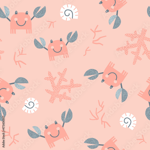 Cute happy Crab with Sea Shells and Coral vector seamless pattern. Pastel colours sea creatures background. Scandinavian decorative childish surface design for nautical nursery and navy kids fabric.
