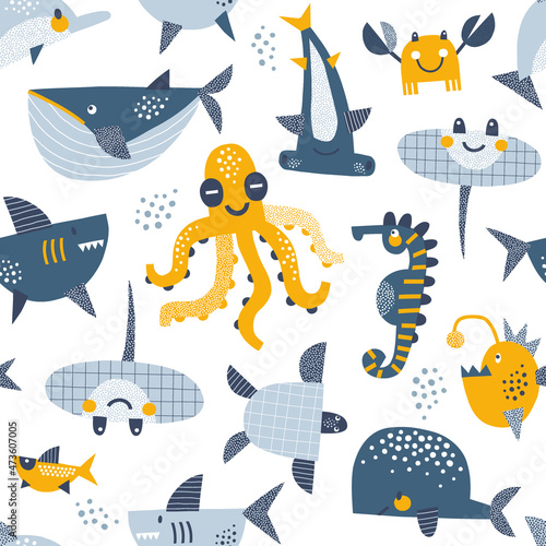 Underwater animals Hammerhead Seahorse Shark Sea turtle Stingray vector seamless pattern. Cute ocean creatures background. Scandinavian decorative childish design for nautical nursery, kids fabric.