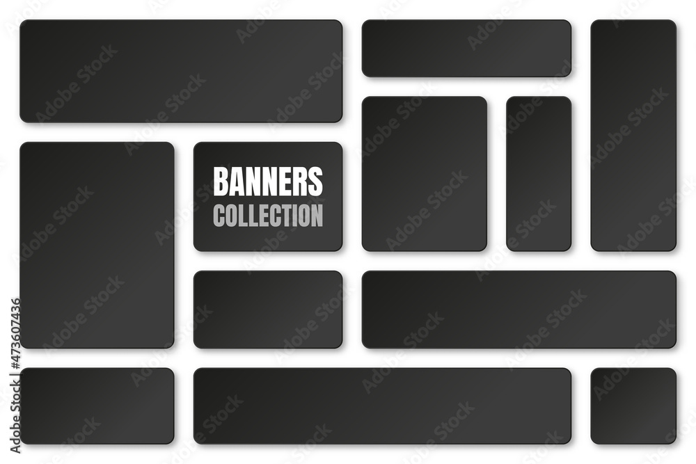 Set of blank black paper banners with shadows isolated on white background. Adhesive stickers, labels with rounded corners. Vector illustration. Set of blank black paper banners with shadows isolated on white background. Adhesive stickers, labels with rounded corners. Vector illustration.