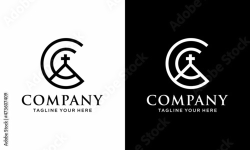 Initial letter C for church logo design, illustration cross symbol. on a black and white background.
