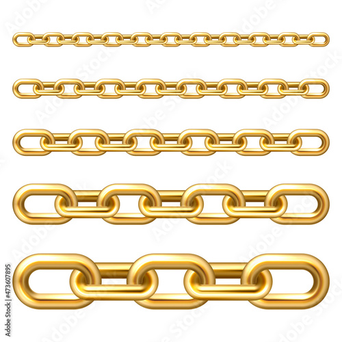 Realistic gold plated metal chain with golden links isolated on white background. Vector illustration.