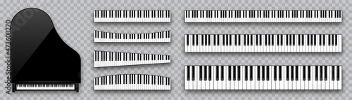 Realistic piano keys collection. Musical instrument keyboard on checkered background. Vector illustration.