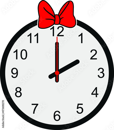 Wall Clock with red Bow tie on white background. Vector