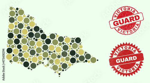 Vector circle parts collage Australian Victoria map in camouflage hues, and dirty stamp seals for guard and military services. Round red watermarks have word GUARD inside.