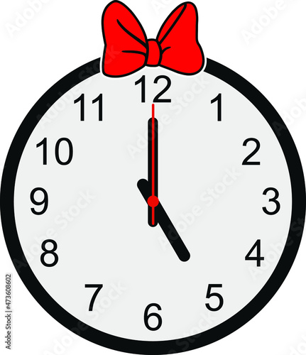Wall Clock with red Bow tie on white background. Vector
