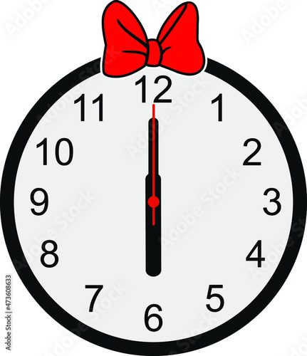 Wall Clock with red Bow tie on white background. Vector