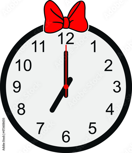 Wall Clock with red Bow tie on white background. Vector