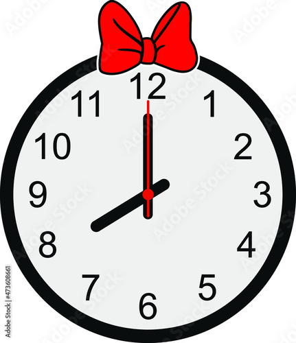 Wall Clock with red Bow tie on white background. Vector