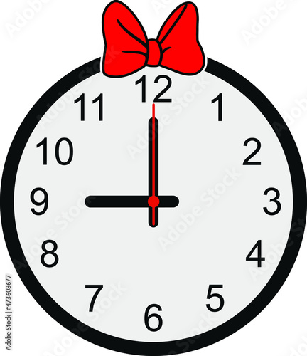 Wall Clock with red Bow tie on white background. Vector