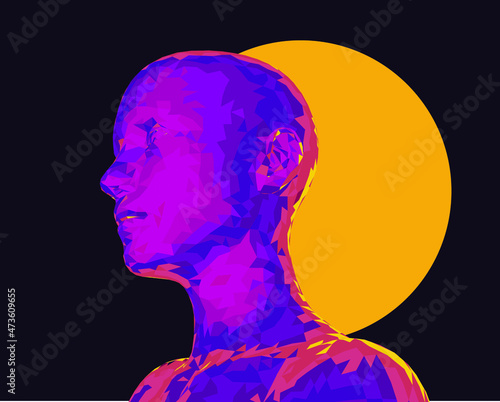 3D low poly wireframe model of a human head made of triangular pieces. Concept illustration of Artificial intelligence and Neural Network.