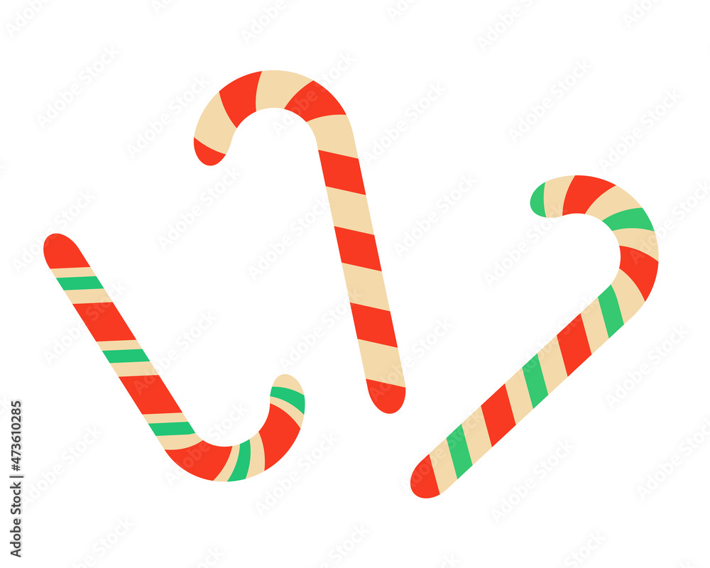 Set of cartoon candy canes. Candy cane with red and green stripes. Vector illustration isolated on white background. Set of cartoon candy canes. Candy cane with red and green stripes. Vector illustration isolated on white background.