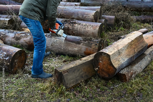 Fotomural man holds a chainsaw and saws a log