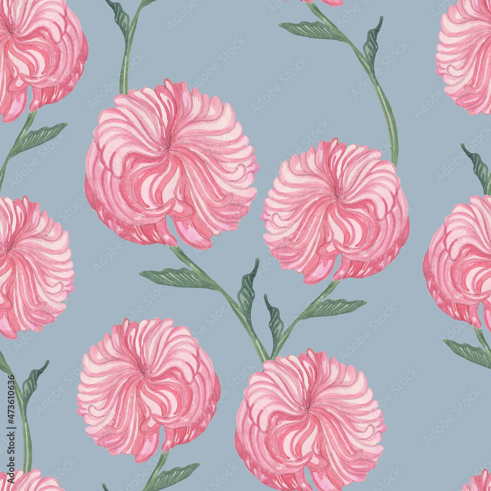 Watercolor pattern of pink chrysanthemums