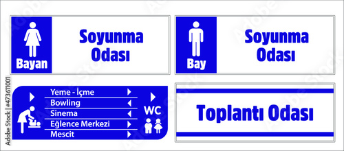 Turkish signage models, genel müdür, muhasebe, satış ofisi, kapalı Havuz, mutfak, bay wc, bayan wc - translation: general manager, accounting, sales office, kitchen, bay wc, lady wc, Indoor Pool.