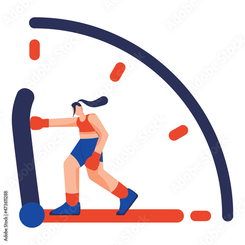 A Female boxer is fighting with the hand of the clock. The woman in boxing gloves is struggling with time and aging.