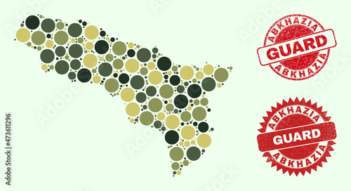 Vector spheric elements collage Abkhazia map in camouflage hues, and scratched stamp seals for guard and military services. Round red watermarks contain phrase GUARD inside.