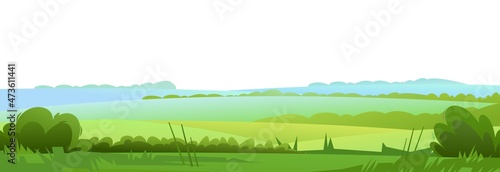 Pastures and hills of field. Rural landscape. Flat style. Horizontal village nature illustration. Cute country hills. Isolated on white background. Vector