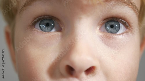 Kid Wow Wonder Face Emotion Facial Expression Astonishment Surprise. Close-up Child Blue Eyes Boy Face. Macro Shot. Pupil Cornea Iris Eyeball Eyelashes. 2x Slow motion 60fps 4K photo