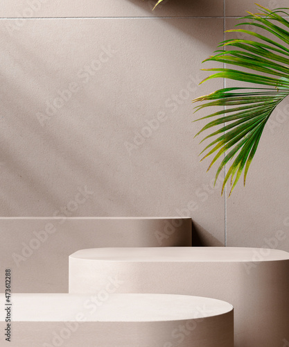 Billede på lærred Minimal modern product display on neutral beige background with podium with palm