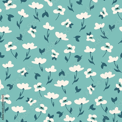 Vintage pattern. Cute white flowers . dark blue leaves. turquoise background. Seamless vector template for design and fashion prints.