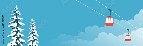 Ski winter resort. Cable car. Ate in the snow. Background with blue sky and clouds. Vector cartoon illustration web banner
