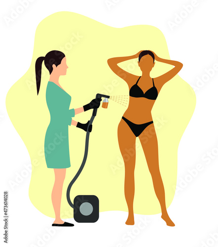 Beauty master applying tan spray on a woman's body. Vector illustration of auto tanning procedure in flat style