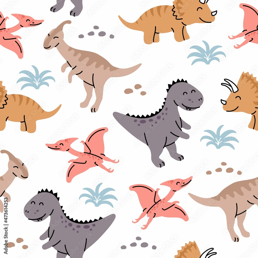 Seamless pattern with hand drawn dinosaurs in scandinavian style. Creative vector trendy childish background for fabric, textile Seamless pattern with hand drawn dinosaurs in scandinavian style. Creative vector trendy childish background for fabric, textile