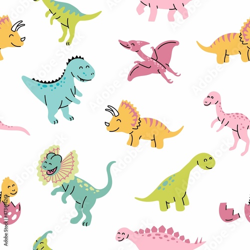 Seamless pattern with hand drawn dinosaurs in scandinavian style. Creative vector trendy childish background for fabric, textile