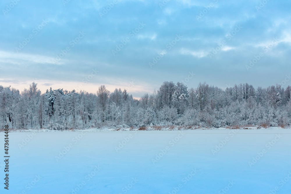 Winter snowy landscape with lake, trees, branches with show, ice and cold weather