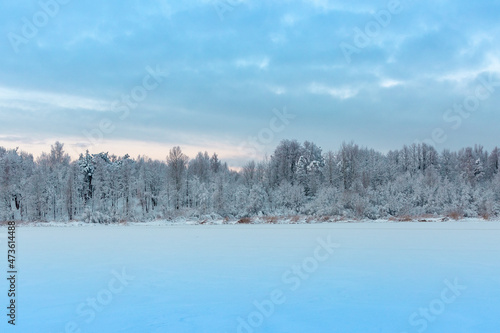 Winter snowy landscape with lake, trees, branches with show, ice and cold weather © Photo by ERIKS ROZE