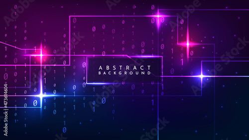 Vector modern illustration. Binary code. Luminous dynamic geometric background. Cyber tech. Light flares effect. Glowing streaks on dark background. Element for web banner, website template, wallpaper