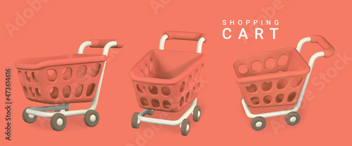 3d empty red shopping carts on a red background. Shopping concept. Vector illustration