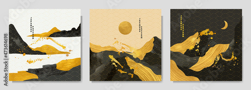 Vector graphic illustration. Abstract landscape. Mountains, hills. Japanese wavy linear pattern. Backgrounds collection. Asian style. Design elements for web banner, social media template. Gold paint