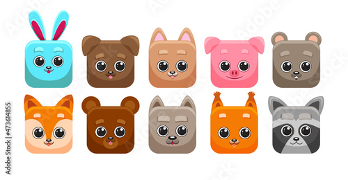 Fototapeta Naklejka Na Ścianę i Meble -  Set of cute cartoon square animals ui. Vector zoo stickers in flat style isolated on white background.