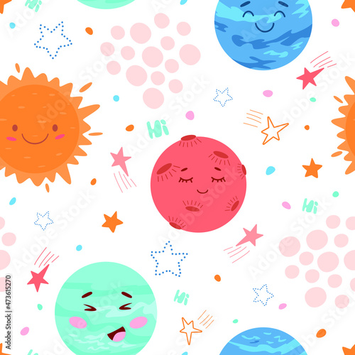 Children's seamless pattern with cute planets on a white background. Gender neutral pattern. Stock vector illustration.
