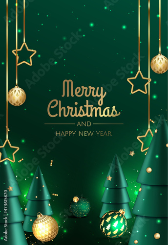 Merry Christmas and Happy New Year. Xmas Festive background with realistic 3d christmas tree