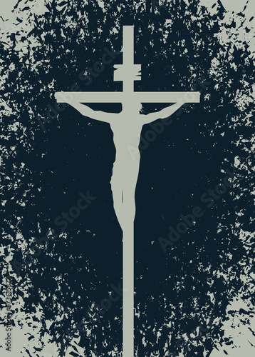 Monochrome banner for Easter or good Friday with the silhouette of crucifixion. Vector illustration on a religious theme in grey and black colors in grunge style